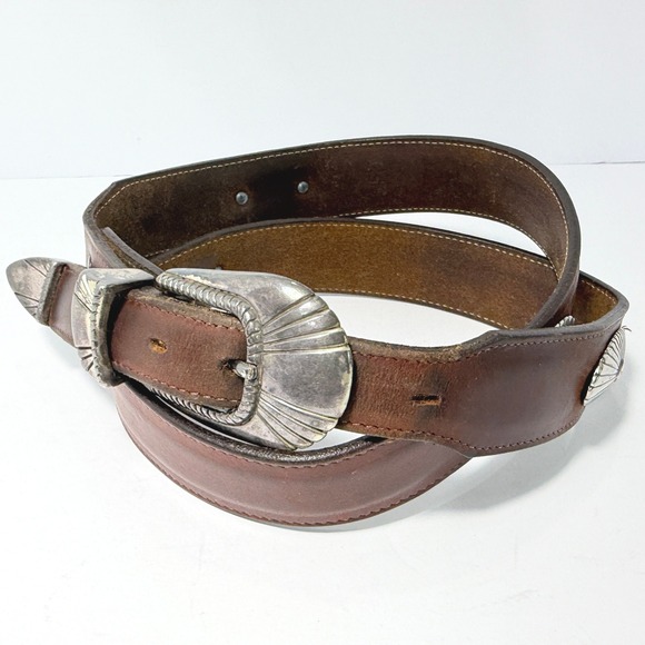Other - Vintage Nocona Western Oil Tanned Harness Leather Belt Brown Silver Buckle USA